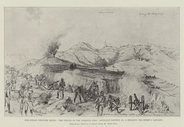 El Levantamiento de la Frontera India, la Toma del Paso Arhanga, Batería de Montaña No 8 bombardeando las Trincheras del Enemigo
